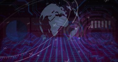 Veri işleme ve kara arkaplanda küreyi tarayan bir kamera görüntüsü. Küresel teknoloji, çevrimiçi güvenlik ve dijital arayüz kavramı dijital olarak oluşturulmuş görüntü.