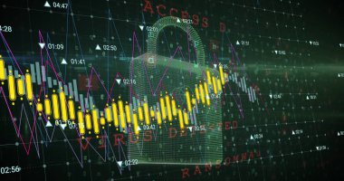 Yeşil arka planda güvenlik kilidi simgesi üzerinde veri işleme resmi. Siber güvenlik ve iş veri teknolojisi kavramı