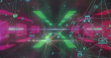 Ekranlar üzerindeki bağlantıların görüntüsüne sahip dünya görüntüsü. Küresel ağ ve teknoloji kavramı.