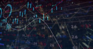 Karanlık arka planda finansal veri işleme resmi. küresel nişanlılar, bağlantılar, veri işleme ve dijital arayüz kavramı dijital olarak oluşturuldu.