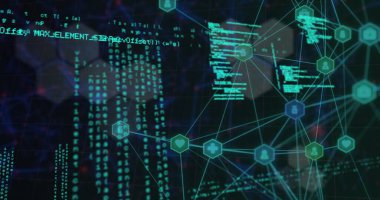 Siyah arkaplanda altıgen şekiller üzerinde veri işleme ve dijital simge ağı resmi. Küresel ağ ve iş teknolojisi kavramı