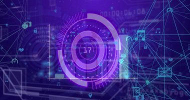 Veri işleme ve kara arkaplandaki bağlantı ağı üzerinden tarama kapsamı resmi. Küresel teknoloji, çevrimiçi güvenlik ve dijital arayüz kavramı dijital olarak oluşturulmuş görüntü.