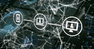 Siyah arkaplanda veri işleme üzerine ortam simgelerinin resmi. küresel iş, finans, bağlantılar ve dijital arayüz konsepti dijital olarak oluşturulmuş görüntü.