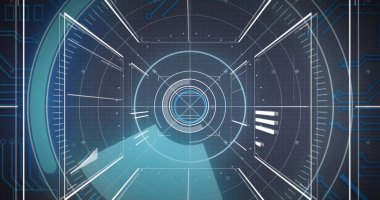 Mavi arkaplan ile veri işleme arayüzü üzerinde yuvarlak tarayıcının resmi. Bilgisayar arayüzü ve iş teknolojisi kavramı