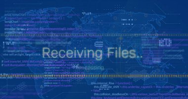 Mavi arkaplan alan dosyalara karşı dünya haritasında veri işleme arayüzünün resmi. Bilgisayar arayüzü ve iş teknolojisi kavramı