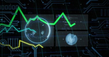 Yuvarlak tarayıcı, veri işleme ve mikroişlemci bağlantıları ile arayüz resmi. Bilgisayar arayüzü ve iş teknolojisi kavramı