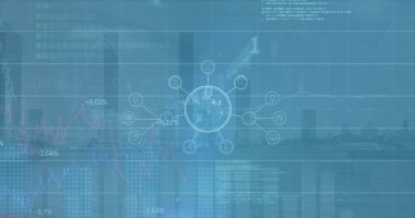 Donanma dijital ekranında dünya ve şehir manzaralı finansal grafiklerin ve verilerin görüntüsü. Küresel finans, ekonomi ve teknoloji kavramı dijital olarak üretilen görüntü.