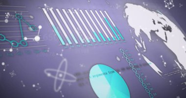 Değişen sayıların dijital görüntüsü, mor zemin üzerindeki veri işleme ve moleküler yapılar. İş veri teknolojisi kavramı