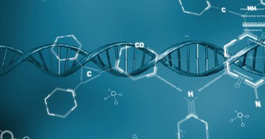 Mavi arka planda DNA, moleküler ve kimyasal yapılar var. Tıbbi araştırma ve bilim teknolojisi kavramı