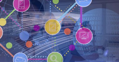 İş adamlarının üzerindeki simgelerle olan bağlantı ağının küresel görüntüsü. küresel iş, çevrimiçi bağlantılar, dijital arayüz ve dijital olarak oluşturulan iletişim konsepti.