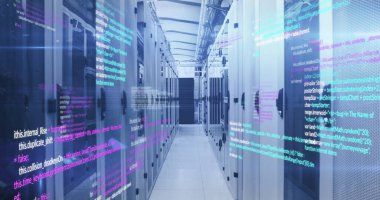 Veri sunucu sistemleri üzerinde hareket eden bilgisayar programlama dillerinin resmi. Dijital bileşik, veri merkezi, güvenlik, ağ, teknoloji, ağ sunucusu, kodlama, veri işleme.