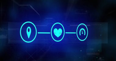 Bağlantı ağı üzerinden medya simgeleri ve veri işleme resmi. Küresel iş ve dijital arayüz kavramı dijital olarak oluşturulmuş görüntü.