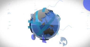 Beyaz arkaplan üzerinde çoklu dönen küre, bilgisayar dili ve grafiklerin resmi. Dijital olarak üretilmiş, hologram, illüstrasyon, rapor, iş dünyası, küreselleşme, kodlama ve teknoloji kavramı.