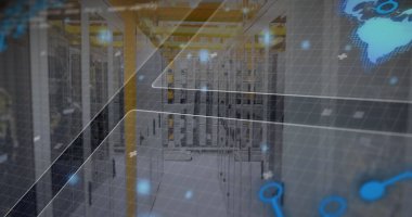 Bilgisayar sunucuları üzerinden veri işleme resmi. Küresel iş, finans, hesaplama ve veri işleme kavramı dijital olarak oluşturulmuş görüntü.