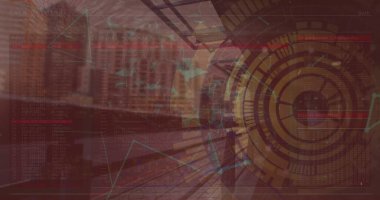 Veri işleme ve şehir manzarası üzerindeki bağlantı ağı ile tarama kapsamı resmi. Küresel teknoloji, çevrimiçi güvenlik ve dijital arayüz kavramı dijital olarak oluşturulmuş görüntü.