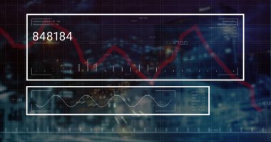 Dijital bir arayüz ve veri işleme konsepti, şehrin üzerinde finansal veri işleme imgesiyle birlikte. Global business global global global global global global global global dijital arayüz teknolojisi ve ağ konsepti dijital olarak oluşturulmuş i