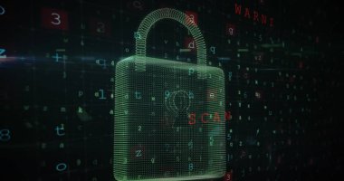 Asma kilit, metin, sembol, harf, bilgisayar dili ve navigasyon desenli numara. Dijital olarak üretilmiş, hologram, illüstrasyon, koruma, kodlama, soyut ve teknoloji kavramı.