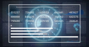 Yuvarlak tarayıcı ve veri işlemeli ekranlarda istatistiksel veri işleme resmi. Bilgisayar arayüzü ve iş veri teknolojisi kavramı