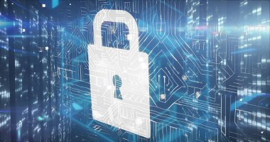 Mavi arkaplandaki veri işleme ve şekillerinin resmi. Dijital arayüz teknolojisi ve ağ konsepti dijital olarak oluşturuldu.