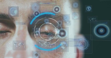 Dijital simgelerin ve beyaz adamı tarayan dürbünün görüntüsü. küresel iş, bağlantılar ve teknoloji konsepti dijital olarak oluşturulmuş görüntü.