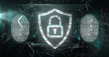 Veri işleme ve siyah arkaplan üzerindeki bağlantı ağının üzerindeki asma kilit simgesinin resmi. küresel bağlantılar, hesaplama ve dijital arayüz konsepti dijital olarak oluşturulmuş resim.