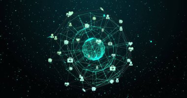 Siyah arkaplan üzerindeki simgelerle bağlantı ağının resmi. küresel bağlantılar, teknoloji ve dijital arayüz kavramı dijital olarak oluşturulmuş görüntü.