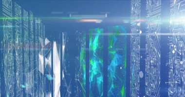 Parlak maviler ve yeşiller baskın, ileri teknolojiye işaret ediyor. Parlayan canlı dijital desenler, geleceksel mavi arkaplan oluşturur