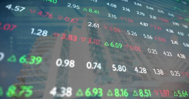 Şehir manzarası üzerinde finansal veri işleme resmi. küresel nişanlılar, bağlantılar, veri işleme ve dijital arayüz kavramı dijital olarak oluşturuldu.