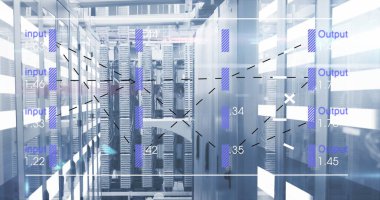 Sunucu odasındaki finansal veri işleme resmi. Küresel iş, finans, teknoloji ve dijital arayüz kavramı dijital olarak oluşturulmuş görüntü.