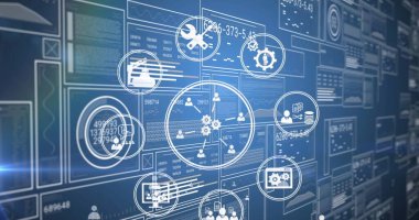 Mavi arkaplan üzerinde veri işleme ve ortam simgeleri resmi. Küresel iş ve dijital arayüz kavramı dijital olarak oluşturulmuş görüntü.