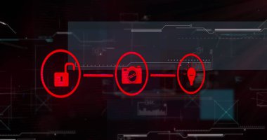 Bağlantı ağı üzerinden medya simgeleri ve veri işleme resmi. Küresel iş ve dijital arayüz kavramı dijital olarak oluşturulmuş görüntü.