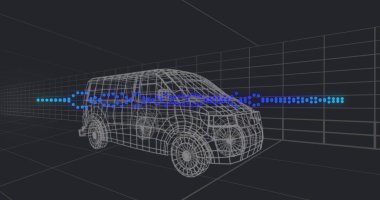 Siyah zemin üzerinde 3D araba modeli resmi. Küresel mühendislik ve otomotiv kavramı dijital olarak oluşturulmuş görüntü.