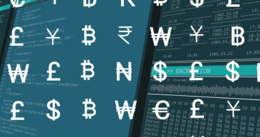 Mavi arka planda veri işleme üzerinde hareket eden çoklu para birimi sembollerinin resmi. Küresel ekonomi ve iş arayüzü teknolojisi kavramı