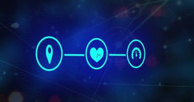 Siyah arkaplandaki simgelerle ve ışık noktalarıyla bağlantı ağının resmi. Küresel bağlantılar, hesaplama ve dijital arayüz konsepti dijital olarak oluşturuldu.