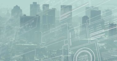 Şehir manzarası üzerinde finansal veri işleme resmi. Küresel iş, finans ve dijital arayüz kavramı dijital olarak oluşturulmuş görüntü.