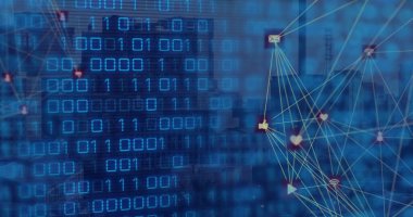 Mavi arka planda iki küresel dijital simge ve ikili kodlama veri işleme görüntüsü. Küresel ağ ve iş teknolojisi kavramı