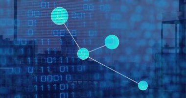 Şehir manzarasının hava görüntüsüne karşı profil simgeleri ve ikili kodlama ağının resmi. Küresel ağ ve iş teknolojisi kavramı