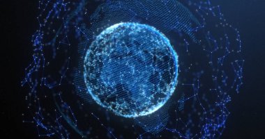 Dünya haritası ve dönen dünya ve bağlantı ağına karşı veri işleme görüntüsü. Küresel ekonomi ve iş teknolojisi kavramı