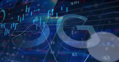 Mavi arkaplanda veri işleme resmi. küresel iş ve dijital arayüz kavramı dijital olarak oluşturulmuş görüntü.