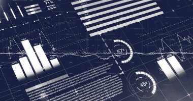 Mavi arkaplan üzerinde istatistiksel veri işleme resmi. Bilgisayar arayüzü ve iş veri teknolojisi kavramı