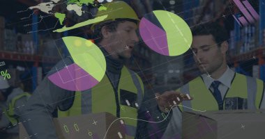 Beyaz erkek depo çalışanları üzerinde grafikler ve veriler. iş, finans, paket hizmetleri konsepti dijital olarak oluşturulmuş görüntü.