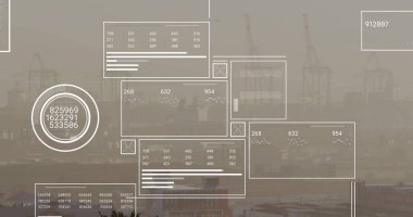 Şehir manzarasının havadan görüntüsüne karşı veri işleme ile ilgili arayüzlerin resmi. Bilgisayar arayüzü ve iş veri teknolojisi kavramı