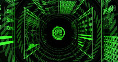 Siyah arkaplanda dairesel tünel üzerinden değişen sayılarla daireler ve çubuklar yükleme görüntüsü. Dijital olarak üretilen, hologram, illüstrasyon, iş, ilerleme ve büyüme kavramı.