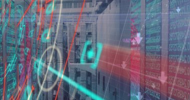 Ofis üzerinde finansal veri işleme resmi. Küresel iş dünyası yeni yıl arifesi ve dijital arayüz konsepti dijital olarak oluşturulmuş görüntü.