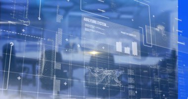 Boş ofis üzerinden veri işleme resmi. Küresel iş, bilgisayar ve dijital arayüz kavramı dijital olarak oluşturulmuş görüntü.