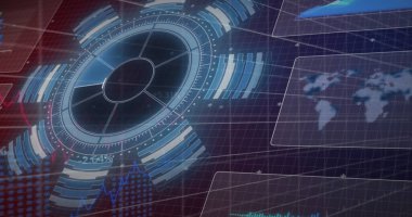 Yuvarlak tarayıcı ve mor gradyan arkaplan ile veri işleme arayüzünün görüntüsü. Bilgisayar arayüzü ve iş teknolojisi kavramı