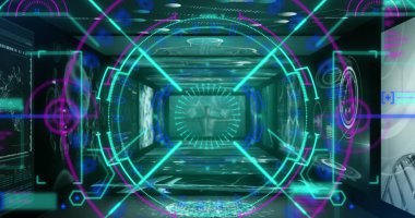 Aydınlatılmış dairelerin ve birden fazla tıbbi arayüz ekranının üzerindeki çizgilerin görüntüsü. Dijital olarak üretilen hologram, illüstrasyon, molekül, DNA sarmalları, sağlık ve teknoloji konsepti.
