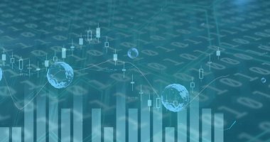 Mavi arkaplandaki ikili kodlara karşı birden fazla grafiğin görüntüsü. Dijital olarak üretilen hologram, illüstrasyon, rapor, iş dünyası, küreselleşme, büyüme, kodlama ve teknoloji kavramı.