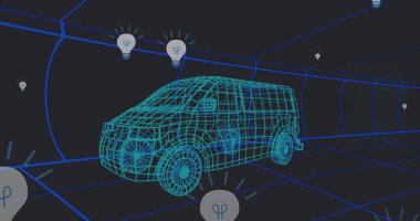 Siyah zemin üzerinde düşen üç boyutlu araba modelinin resmi. Küresel mühendislik ve otomotiv kavramı dijital olarak oluşturulmuş görüntü.