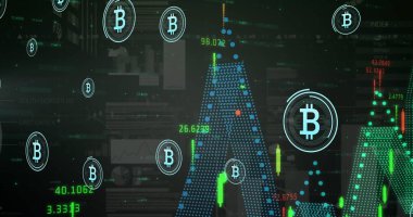 Gri arkaplana karşı mali ve istatistiksel veri işleme üzerindeki bitcoin sembollerinin resmi. Küresel finans ve kripto para birimi teknolojisi kavramı